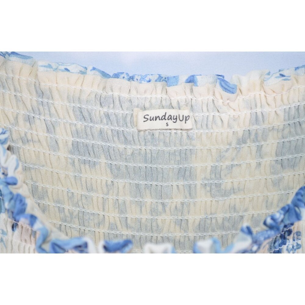 Sunday Up Birds & Flowers Smocked Short Puff Sleeve Midi Dress Blue/White Size S - Picture 5 of 5